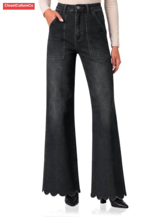 Denim - High Waisted Scalloped Wide Leg Flared Denim Jeans Stretch Tummy Control